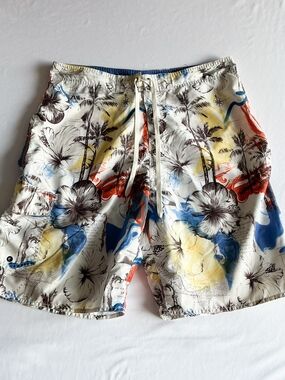 No Bad Days Swim Trunks Primary White Floral Pocket Board Shorts Mens Sz 34